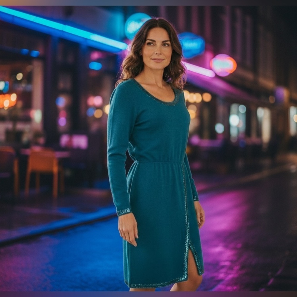 St. John Teal Long Sleeve Dress with Sequin detail